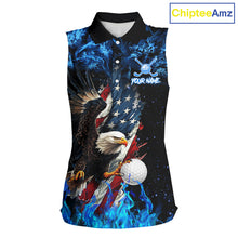 Load image into Gallery viewer, Blue Flame American Flag Eagle sleeveless golf shirts for Women Custom patriotic ladies golf outfit NQS11644