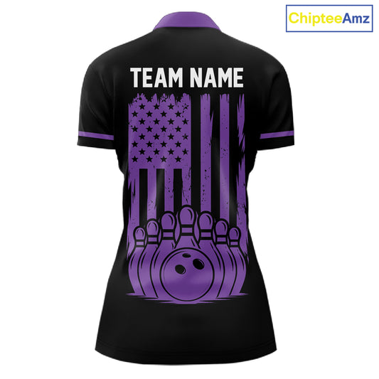 Custom Black and Purple American Flag Retro Bowling Team Shirts For Women, Patriotic Bowling Outfits NQS11650