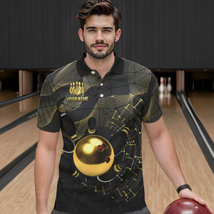 Personalized Black and Gold Bowling Polo, Quarter Zip Shirts For Men Custom Bowling Team League Jersey NQS9688