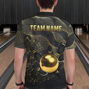 Personalized Black and Gold Bowling Polo, Quarter Zip Shirts For Men Custom Bowling Team League Jersey NQS9688