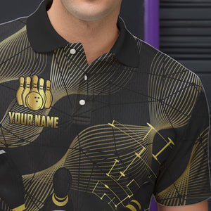 Personalized Black and Gold Bowling Polo, Quarter Zip Shirts For Men Custom Bowling Team League Jersey NQS9688