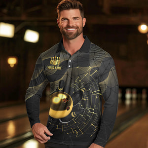 Personalized Black and Gold Bowling Polo, Quarter Zip Shirts For Men Custom Bowling Team League Jersey NQS9688