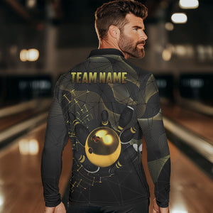 Personalized Black and Gold Bowling Polo, Quarter Zip Shirts For Men Custom Bowling Team League Jersey NQS9688