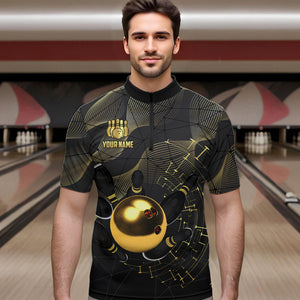 Personalized Black and Gold Bowling Polo, Quarter Zip Shirts For Men Custom Bowling Team League Jersey NQS9688