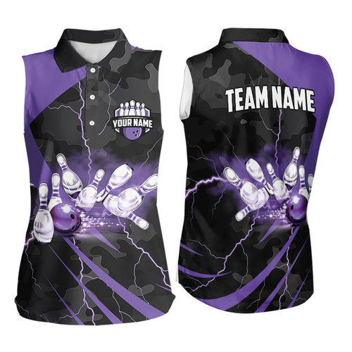 Black Camo Purple Lightning Thunder Bowling Sleeveless Polo Shirt Custom Bowling Team League Jerseys NQS9689