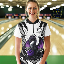 Load image into Gallery viewer, Black and White Bowling Polo, Quarter Zip Shirts For Women Custom Purple Dragon Bowling Team Jerseys NQS11740