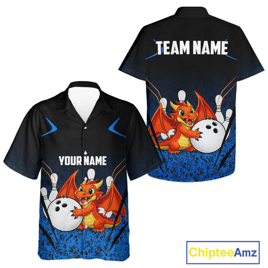 Black and Blue Camo Funny Dragon Bowling Button-up Shirt Custom Hawaiian Bowling Team Jerseys NQS11741