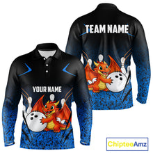 Load image into Gallery viewer, Black and Blue Camo Funny Dragon Bowling Polo, 1/4 Zip Shirts For Men Custom Bowling Team Jerseys NQS11741