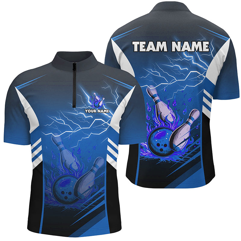 Flame bowling ball and pins lightning custom Men Bowling Quarter Zip Shirt, team bowling jersey | Blue NQS7477