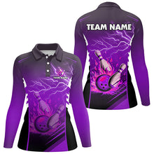 Load image into Gallery viewer, Flame bowling ball and pins lightning custom Women Bowling Polo Shirts, team bowling jerseys | Purple NQS7479