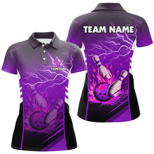 Load image into Gallery viewer, Flame bowling ball and pins lightning custom Women Bowling Polo Shirts, team bowling jerseys | Purple NQS7479