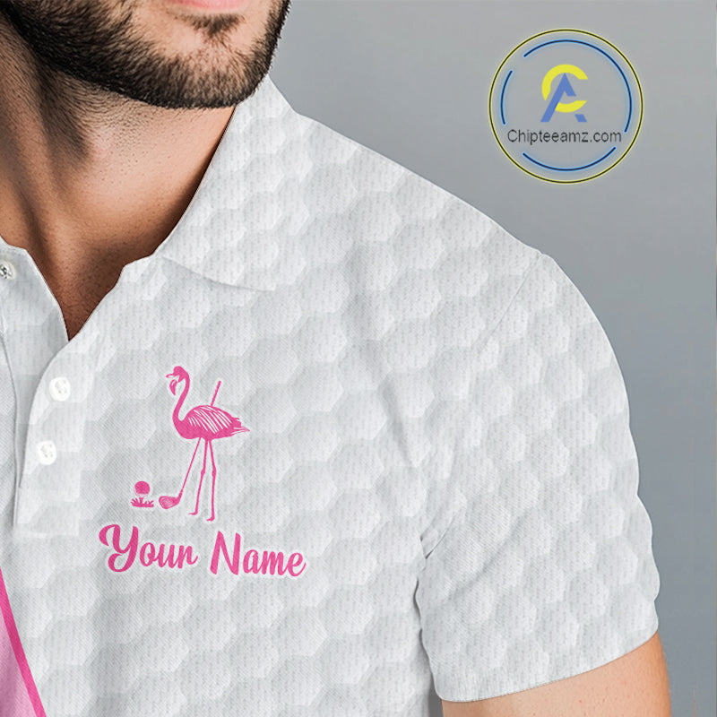 Funny Mens golf polo shirt custom pink and white flamingo pattern white golf shirts NQS8610