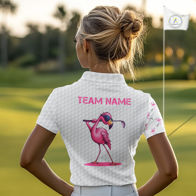 Funny Womens golf polo shirt custom pink and white flamingo pattern white golf shirts NQS8610