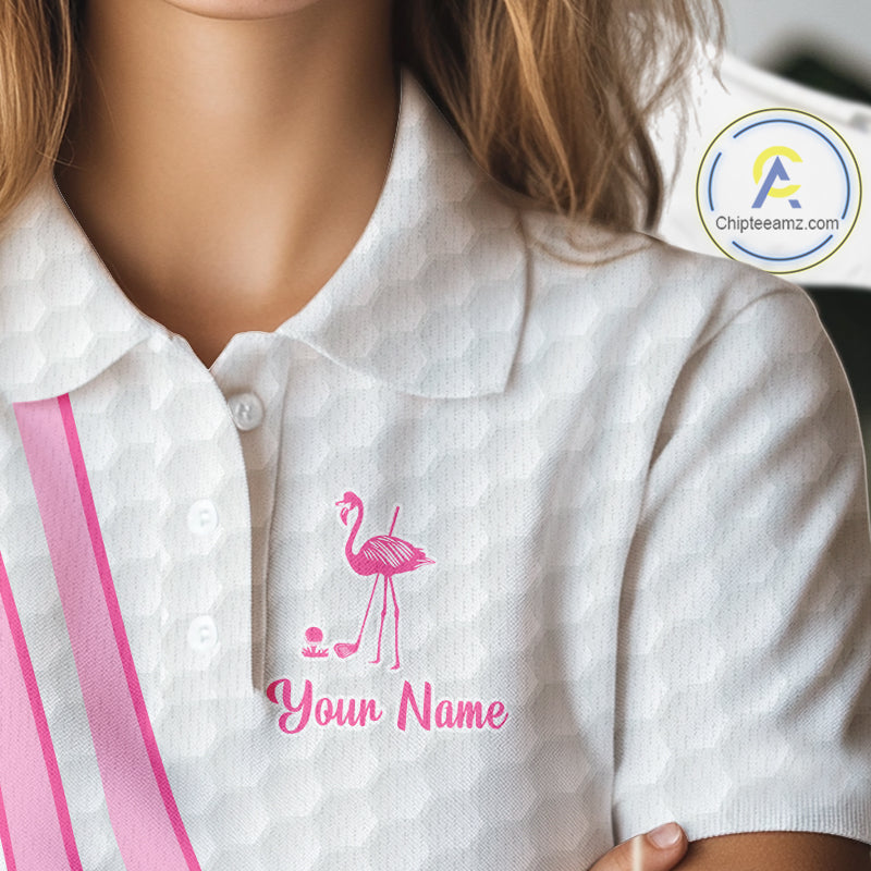 Funny Womens golf polo shirt custom pink and white flamingo pattern white golf shirts NQS8610