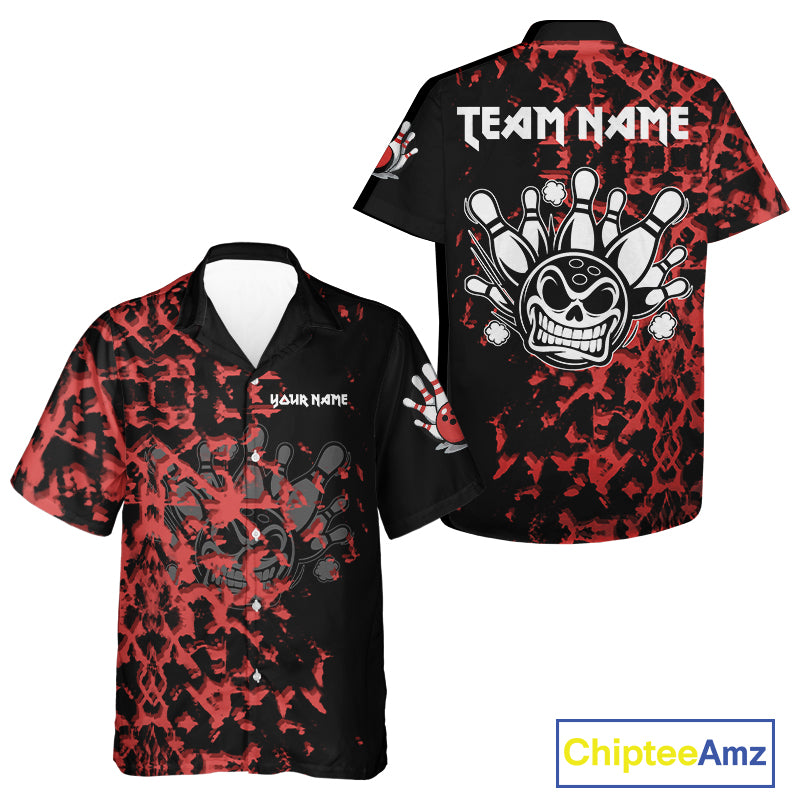 Black and Red Camo Funny Skull Bowling Hawaiian shirt Custom Bowling Team Button Up Shirts NQS9969