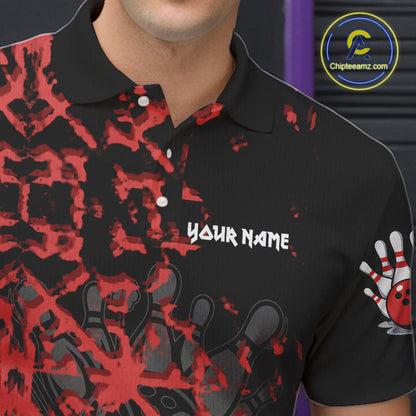 Black and Red Camo Funny Skull Bowling Polo, Quarter Zip Shirt for Men Custom Bowling Team Jersey NQS9969