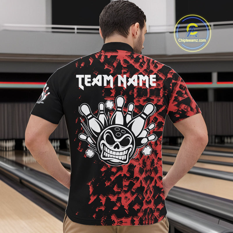 Black and Red Camo Funny Skull Bowling Polo, Quarter Zip Shirt for Men Custom Bowling Team Jersey NQS9969