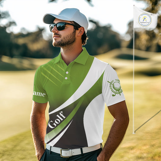 Mens golf polo shirts custom name green and white golf shirt, tournament golf tops for mens NQS10258