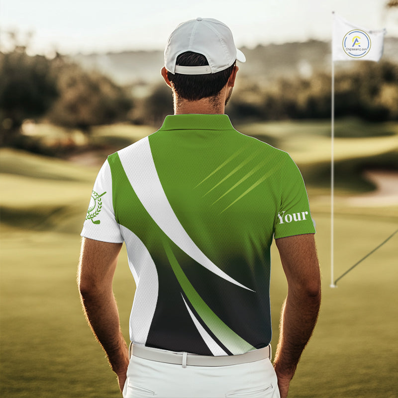 Mens golf polo shirts custom name green and white golf shirt, tournament golf tops for mens NQS10258