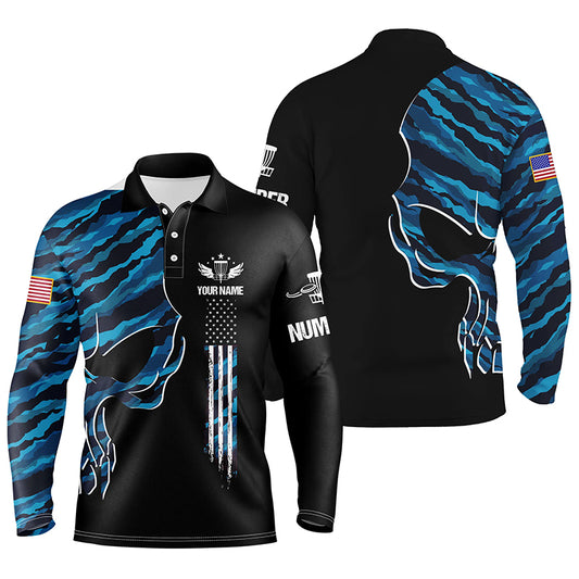 Blue camo skull black US flag custom name, number Men disc golf polo shirts, disco golf outfit for men NQS6141