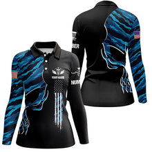 Load image into Gallery viewer, Blue camo skull black US flag custom name and number Womens polo shirts, ladies disco golf outfit NQS6141