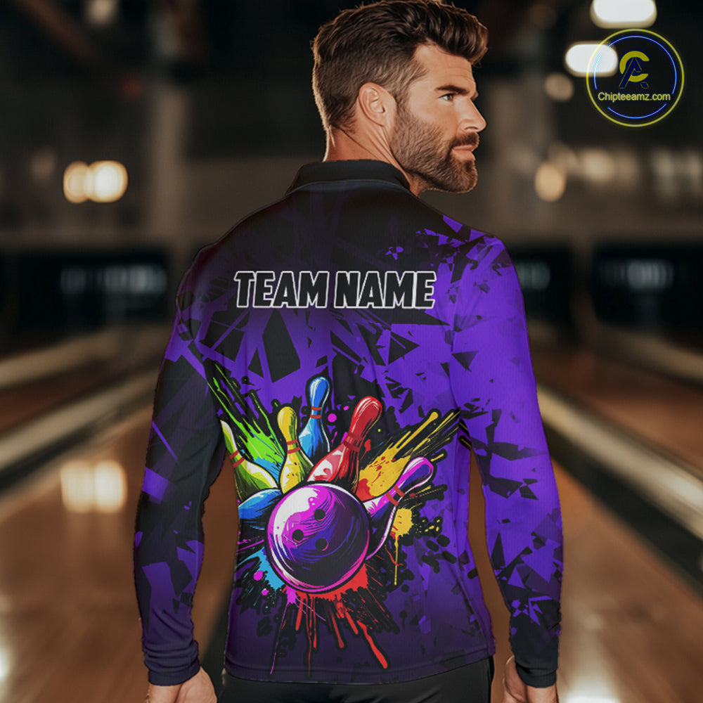Colorful bowling jerseys Polo, 1/4 Zip Shirt for Men Custom Bowling Team shirts for bowler | Purple NQS8258