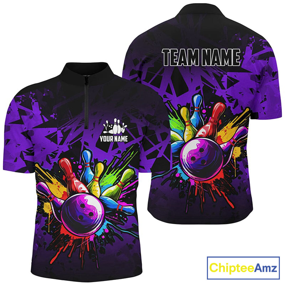 Colorful bowling jerseys Polo, 1/4 Zip Shirt for Men Custom Bowling Team shirts for bowler | Purple NQS8258