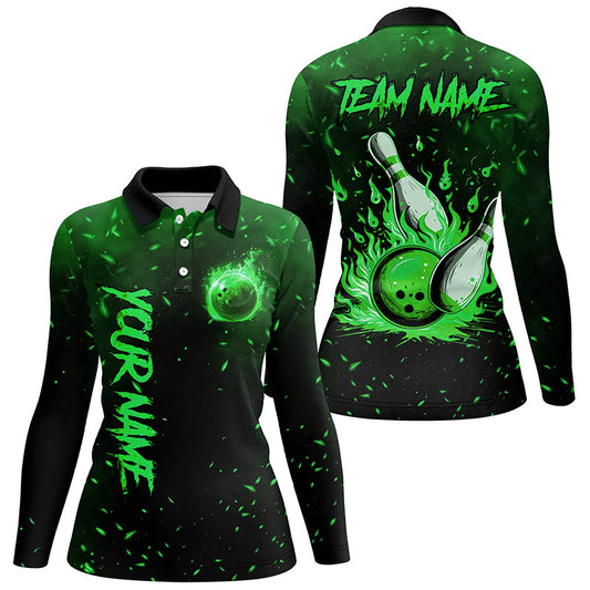 Green Flame Bowling Jersey For Women Custom Bowling Polo, Quarter-Zip Shirt for Team, Gift for Bowlers NQS8468
