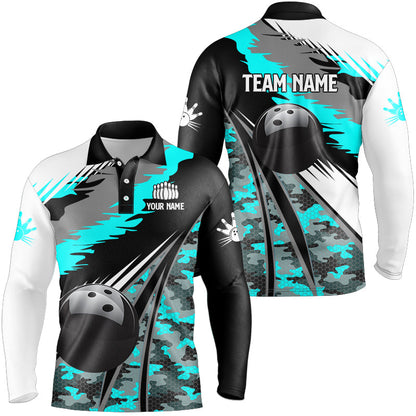 Mens bowling shirts Custom black ball Cyan Blue camo Bowling Team Jerseys, gift for Bowler NQS8713
