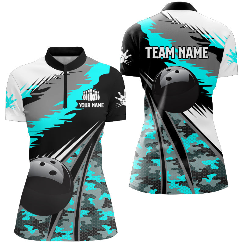 Women bowling shirts Custom black ball Cyan Blue camo Bowling Team Jerseys, gift for Bowler NQS8713