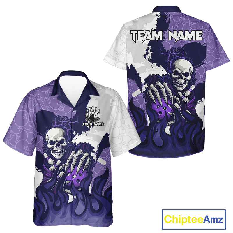 White and Purple Camo Flame Lightning Skull Bowling Hawaiian Shirts Custom Bowling Team Jerseys NQS11055