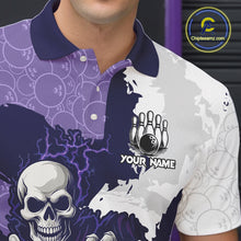 Load image into Gallery viewer, White and Purple Camo Flame Lightning Skull Bowling Shirts For Men Custom Bowling Team Jerseys NQS11055