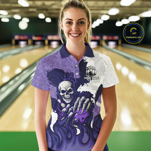 Load image into Gallery viewer, White and Purple Camo Flame Lightning Skull Bowling Shirts For Women Custom Bowling Team Jerseys NQS11055