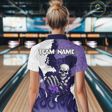 Load image into Gallery viewer, White and Purple Camo Flame Lightning Skull Bowling Shirts For Women Custom Bowling Team Jerseys NQS11055