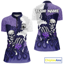 Load image into Gallery viewer, White and Purple Camo Flame Lightning Skull Bowling Shirts For Women Custom Bowling Team Jerseys NQS11055