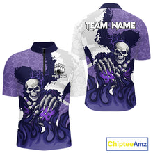 Load image into Gallery viewer, White and Purple Camo Flame Lightning Skull Bowling Shirts For Men Custom Bowling Team Jerseys NQS11055