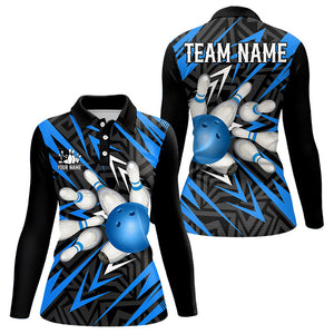 Black and Blue Camo Bowling Polo, Quarter Zip Shirt for Women Custom Team bowling jersey Bowler Outfit NQS9177