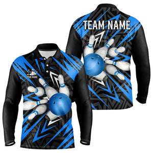 Black and Blue Camo Bowling Polo, Quarter Zip Shirt for Men Custom Team bowling jerseys Bowler Outfit NQS9177