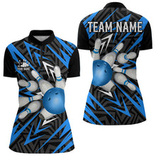 Load image into Gallery viewer, Black and Blue Camo Bowling Polo, Quarter Zip Shirt for Women Custom Team bowling jersey Bowler Outfit NQS9177