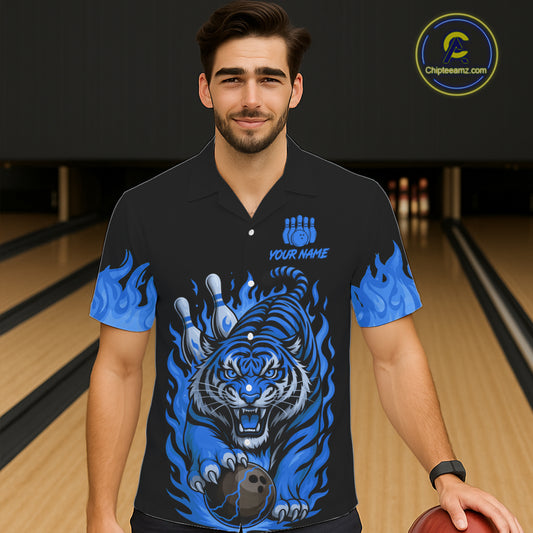 Black and Blue Flame Tiger Bowling Hawaiian Shirt Custom Team Tiger Bowling Jersey NQS11256