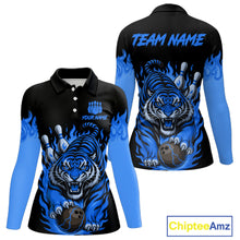 Load image into Gallery viewer, Black and Blue Flame Tiger Bowling Polo, 1/4 Zip Shirts for Women Custom Team Tiger Bowling Jersey NQS11256