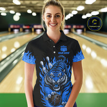 Load image into Gallery viewer, Black and Blue Flame Tiger Bowling Polo, 1/4 Zip Shirts for Women Custom Team Tiger Bowling Jersey NQS11256