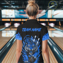 Load image into Gallery viewer, Black and Blue Flame Tiger Bowling Polo, 1/4 Zip Shirts for Women Custom Team Tiger Bowling Jersey NQS11256
