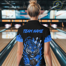 Load image into Gallery viewer, Black and Blue Flame Tiger Bowling Polo, 1/4 Zip Shirts for Women Custom Team Tiger Bowling Jersey NQS11256