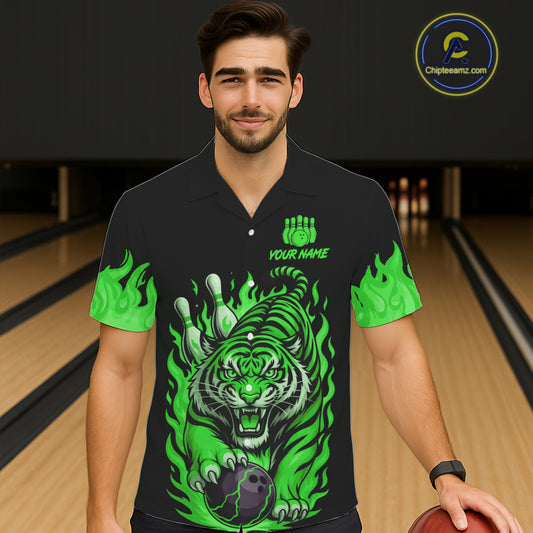 Black and Green Flame Tiger Bowling Hawaiian Shirt Custom Team Tiger Bowling Jersey NQS11257