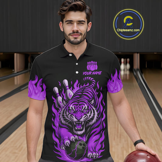 Black and Purple Flame Tiger Bowling Polo, 1/4 Zip Shirts for Men Custom Team Tiger Bowling Jersey NQS11258