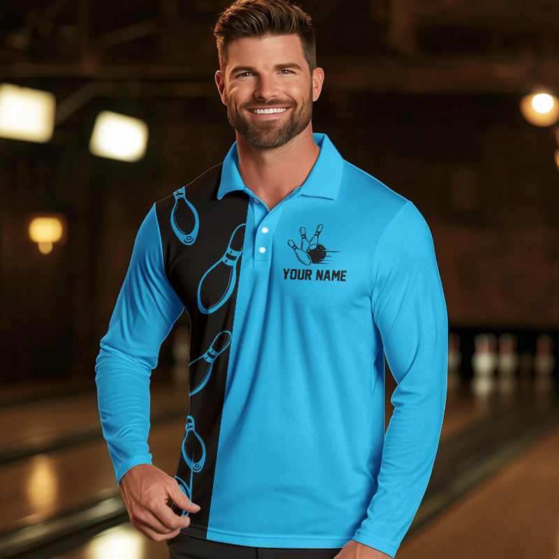 Cyan Blue and Black retro vintage Bowling polo, quarter zip shirts for men custom Bowling team jerseys NQS9534