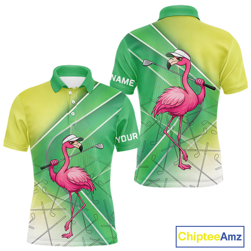 Funny Pink Flamingo Golf Polo Shirts for Men Custom Flamingo mens golf outfit | Green NQS11746