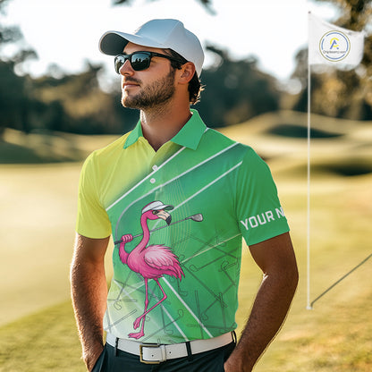 Funny Pink Flamingo Golf Polo Shirts for Men Custom Flamingo mens golf outfit | Green NQS11746