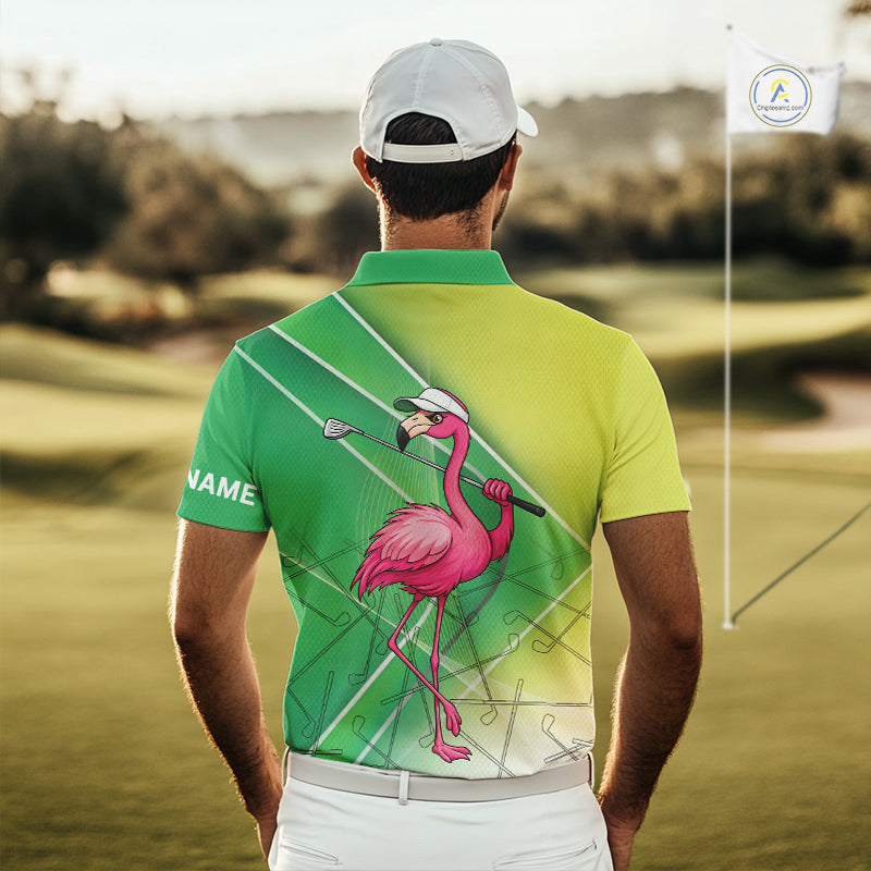 Funny Pink Flamingo Golf Polo Shirts for Men Custom Flamingo mens golf outfit | Green NQS11746